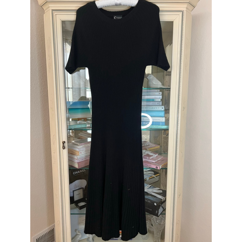 Women's C by Bloomingdale's Cashmere Black Ribbed Midi Dress XL